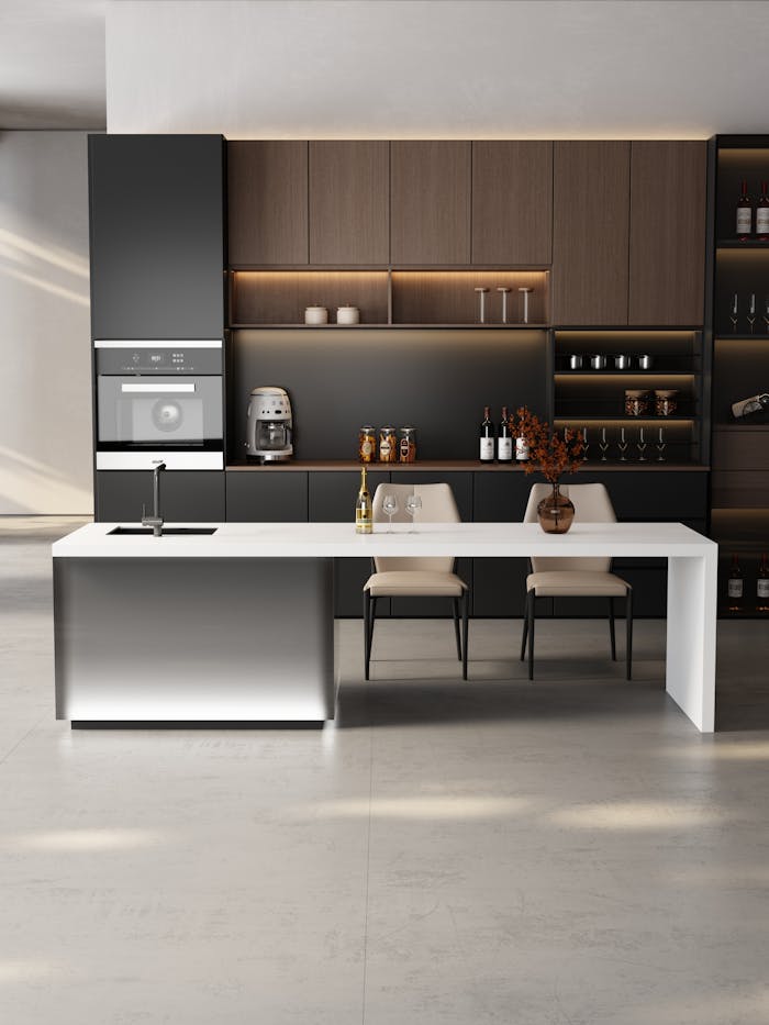 Sleek kitchen interior featuring a white island and contemporary design elements.